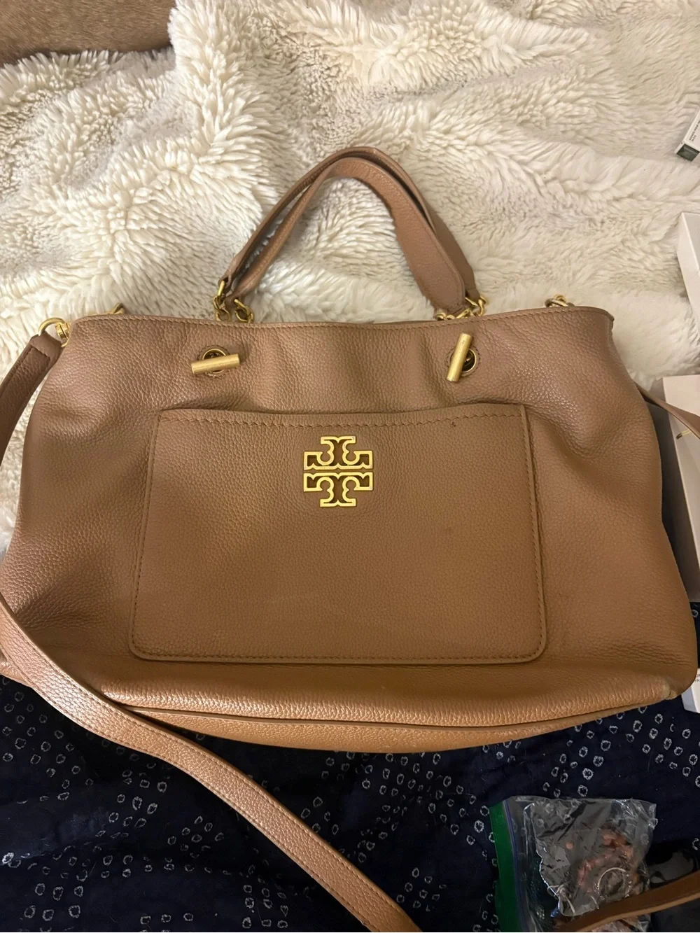 Tory Burch Camel Pebbled Leather Satchel with Gold Logo